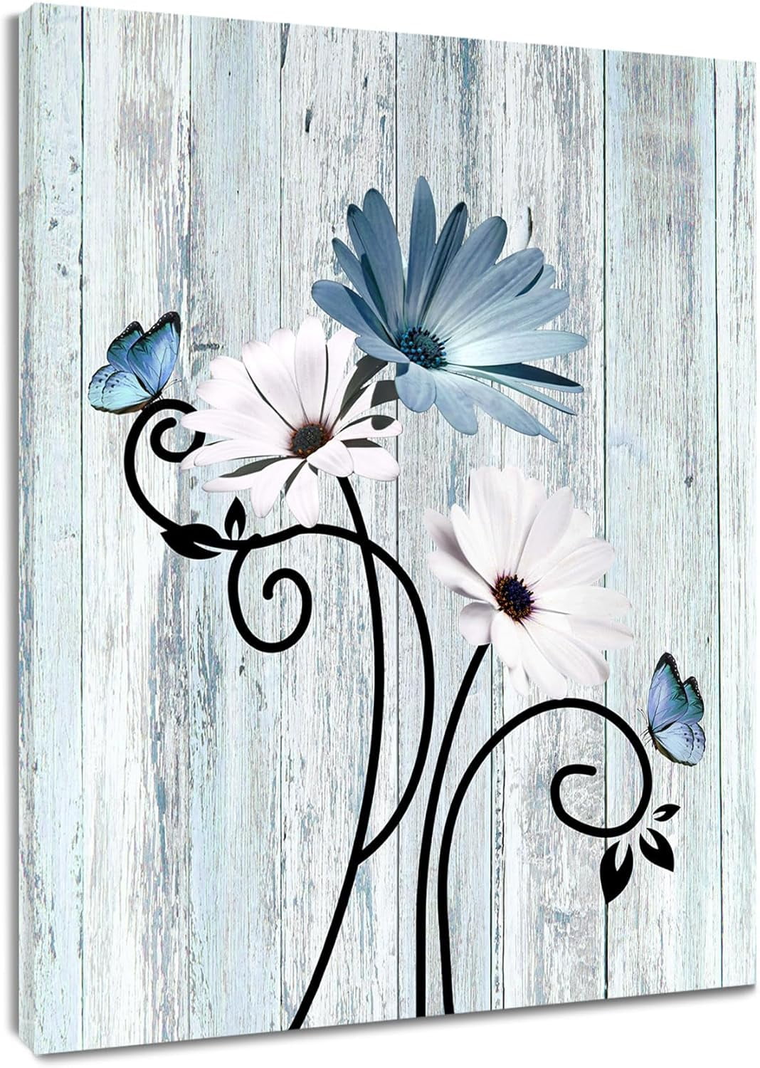 Floral Canvas Wall Art - Daisy & Butterfly Botanical Wall Decor, Rustic Farmhouse Pictures for Living Room, Bedroom, Bathroom & Home Office
