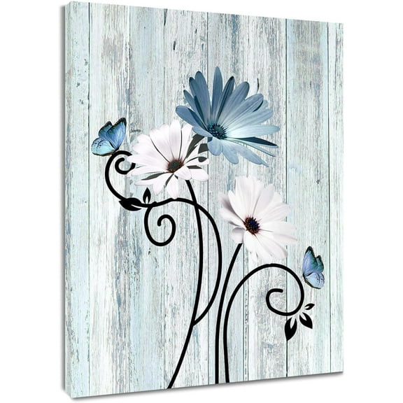 Floral Canvas Wall Art - Daisy & Butterfly Botanical Wall Decor, Rustic Farmhouse Pictures for Living Room, Bedroom, Bathroom & Home Office