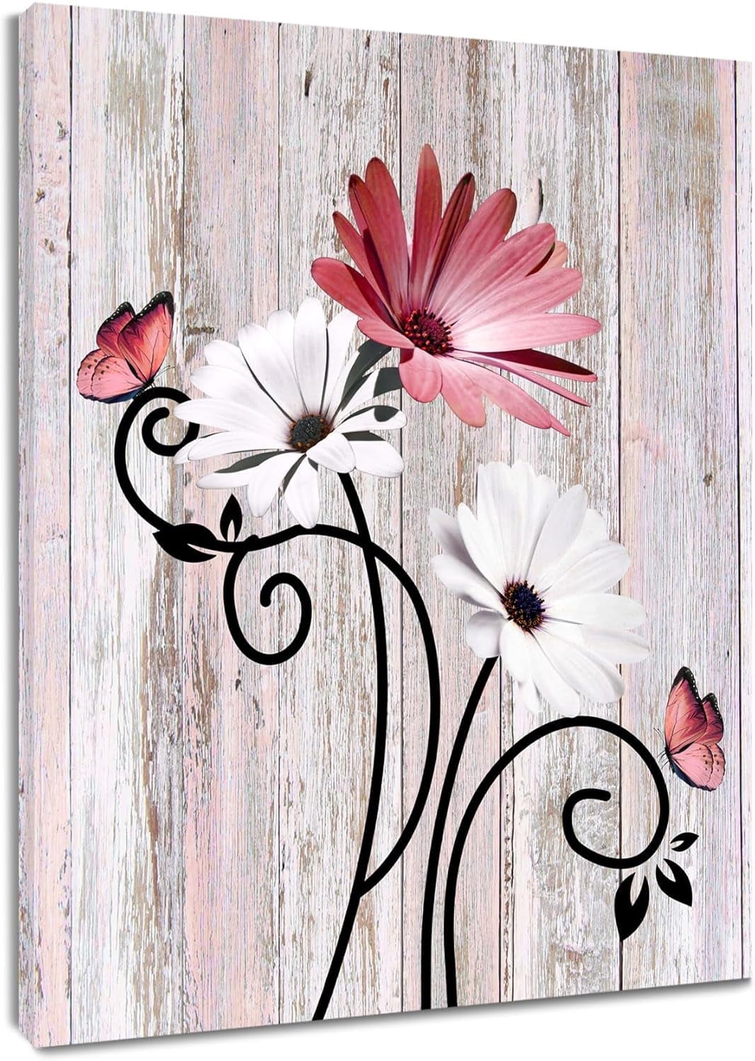 Floral Canvas Wall Art - Daisy & Butterfly Botanical Wall Decor, Rustic Farmhouse Pictures for Living Room, Bedroom, Bathroom & Home Office