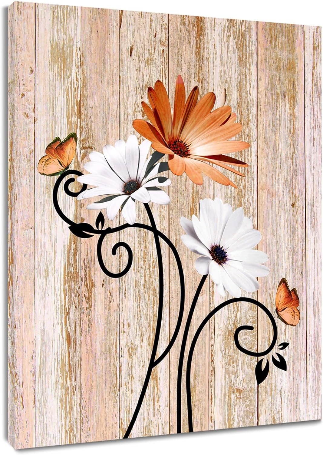 Floral Canvas Wall Art - Daisy & Butterfly Botanical Wall Decor, Rustic Farmhouse Pictures for Living Room, Bedroom, Bathroom & Home Office
