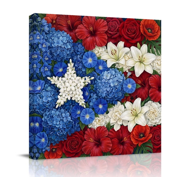 Floral Canvas Wall Art for Living Room, Puerto Rico's Star Flag Theme Flowers Collage Wall Decor Framed Artwork Pictures Ready to Hang for Bedroom Office Home Decor