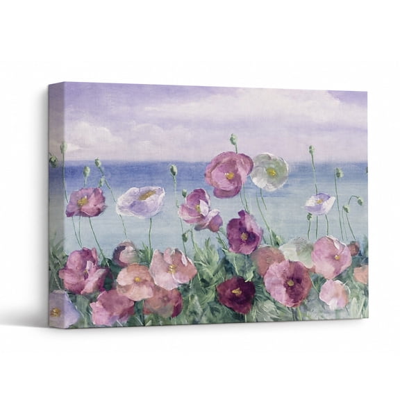 Floral Canvas Wall Art, Purple Wildflower Field and Ocean Painting, Impressionist Coastal Wall Decor for Living Room Bedroom Office 24*18