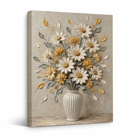 Floral Canvas Wall Art, White Daisy and Gold Flower Vase Painting, Textured Botanical Wall Decor for Living Room Bedroom Office 18"*24"