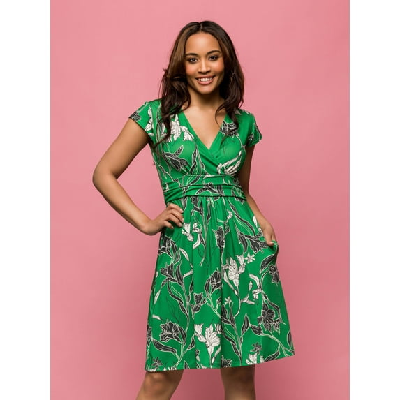 Floral Cap Sleeve V Neck Pocket Dress