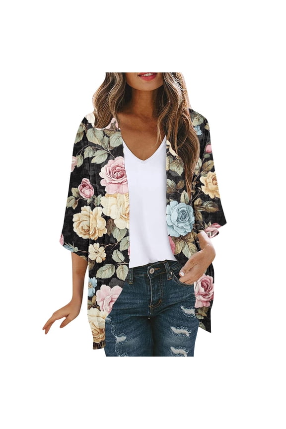 Floral Cardigans for Women 3/4 Sleeve Summer Lightweight Kimonos Cardigan Draped Open Front Casual Flowy Cover Ups Shirts Multicolor L