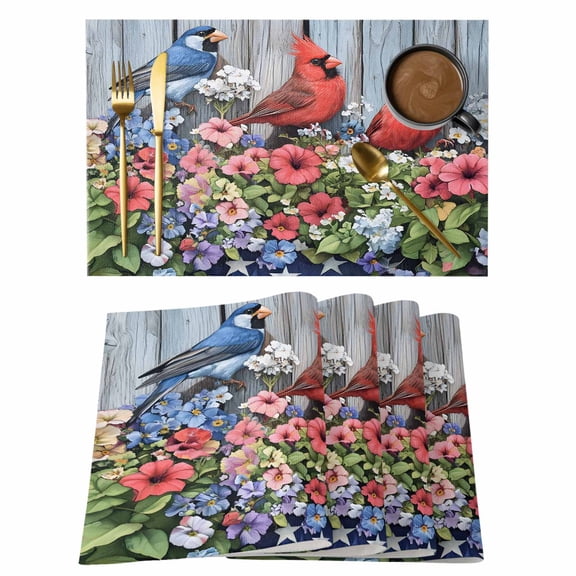 Floral Cardinal Bird Placemats Set of 4, American Flag Non-Slip Place Mats Washable Table Mats for Kitchen Dining Table Decorations Indoor/Outdoor