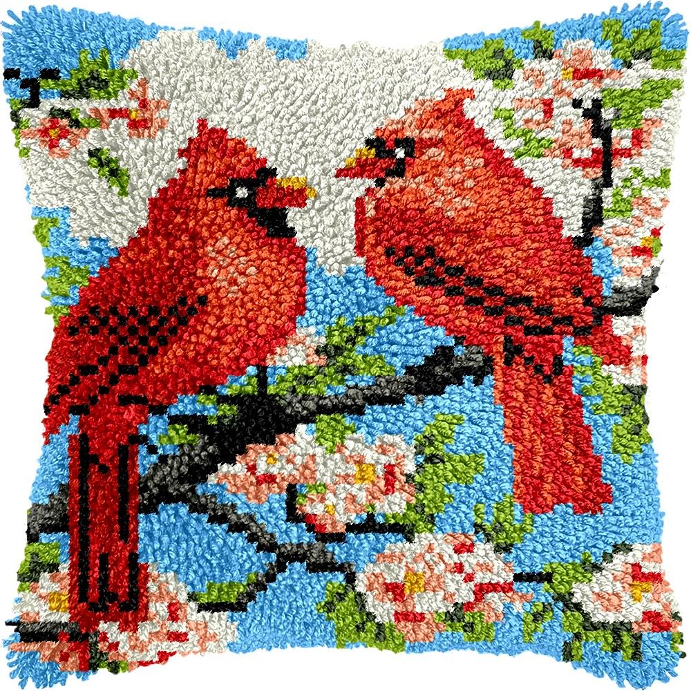 Floral Cardinal Birds Latch Hook Pillow Kits for DIY Handmade Throw Pillow Cushion Embroidery Latch Hooking Pillowcase Kits with Preprinted Canvas Crochet Yarn Kits 17''X 17''(g282)