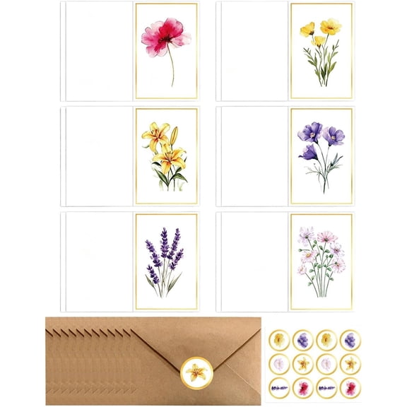 Floral Cards, 12 Pieces Elegant Postcard And Envelope Set, Blank Greeting Cards With Stickers For Wedding Graduation Birthday Invitations Thank You Messages