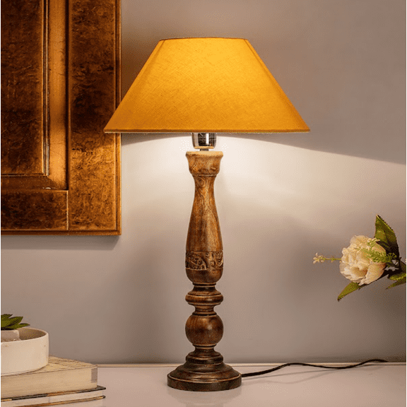 Floral Carved Black Wood Table Lamp With Golden Shade