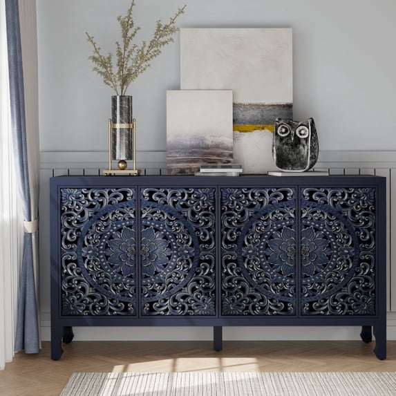 Floral Carved Buffet & Sideboard Cabinet,Elegant Accent Cabinet with Adjustable Shelves, Solid Wood Legs & Intricate Handles for Dining Room,living room Storage