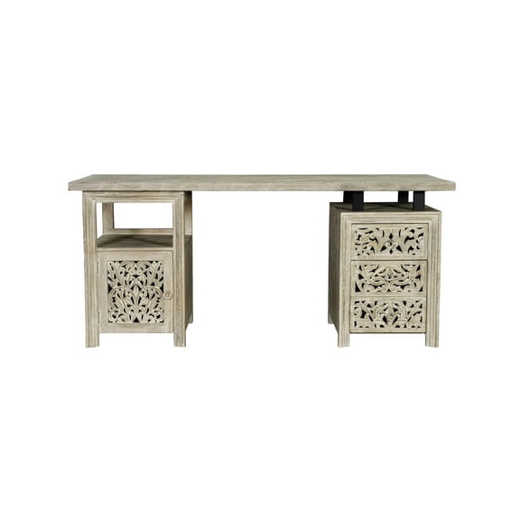 Floral Carved Solid Wood Desk with 3 Drawers and 1 Cabinet in White