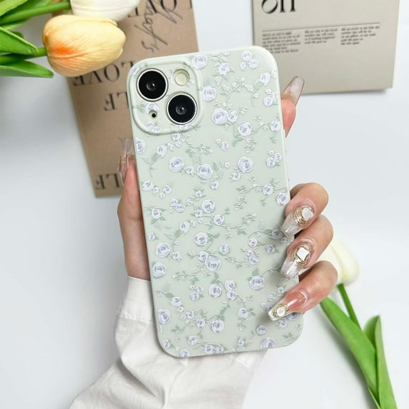 Floral Case for iPhone 13 Cute Flower Rose Pattern Aesthetic iPhone 13 Case Vintage Girls Women,Oil Flowers Girly Trendy Slim Fit TPU Shockproof Protective Case, Green