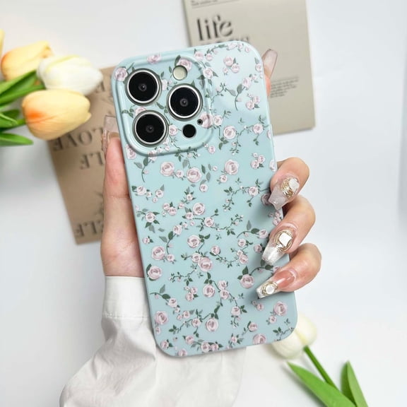 Floral Case for iPhone 13 Pro Cute Flower Rose Pattern Aesthetic iPhone 13 Pro Case Vintage Girls Women,Oil Flowers Girly Trendy Slim Fit TPU Shockproof Protective Case, Blue