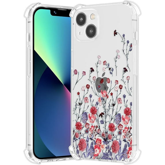 Floral Case for iPhone 15 6.1-inch,Clear Flower Case Slim Cute Cover for Girls Women,Transparent Soft TPU Bumper Protective Case with Reinforced Corners,Red Flower