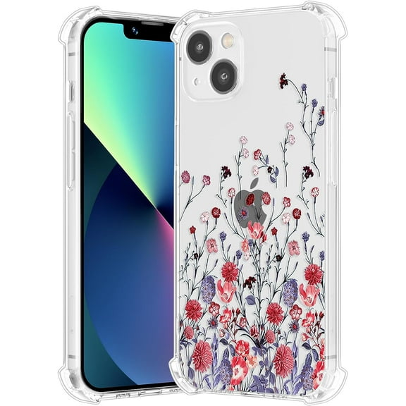 Floral Case for iPhone 15 6.1-inch,Clear Flower Case Slim Cute Cover for Girls Women,Transparent Soft TPU Bumper Protective Case with Reinforced Corners,Red Flower