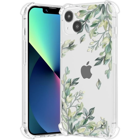 Floral Case for iPhone 15 6.1-inch,Clear Leaves Flower Case Slim Cute Cover for Girls Women,Transparent Soft TPU Bumper Protective Case with Reinforced Corners,Green Leaves