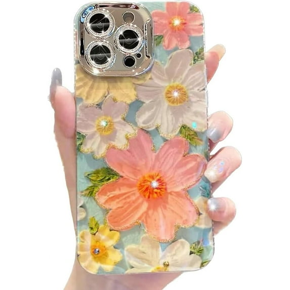 Floral Case for iPhone 15 Plus,Cute Colorful Retro Oil Painting Printed Flower with Glitter Bling Sparkly Camera Protector Soft TPU Protective Case for Girls Women for iPhone 15 Plus (Green)