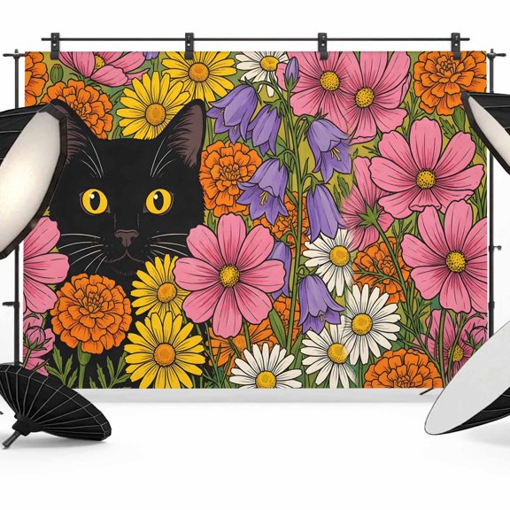 Floral Cat Backdrop for Photography, Boho Pink Orange Purple Yellow Floral Black Cat Photo Backdrop Portrait Background Party Banner Photo Backgrounds for Studio Booth Props, 10x8ft