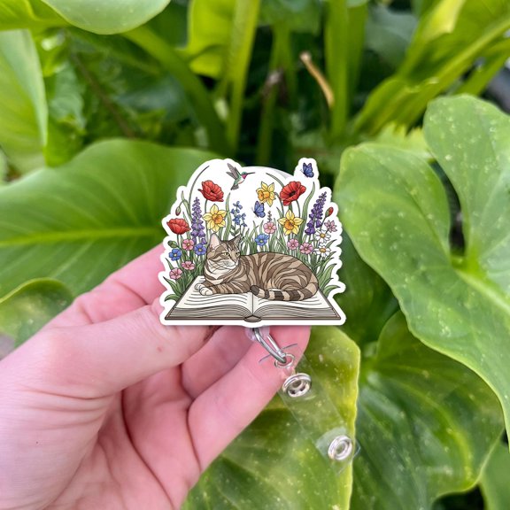 Floral Cat Book Badge Reel  Retractable ID Holder