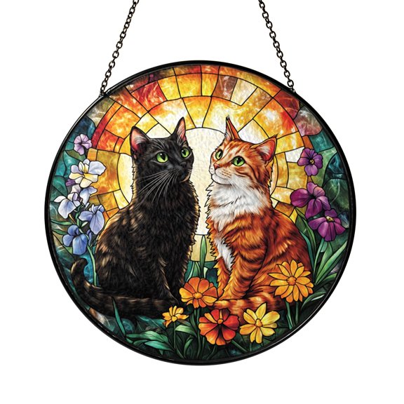 Floral Cat Couple Scene Stained Glass Window Hanging Decor