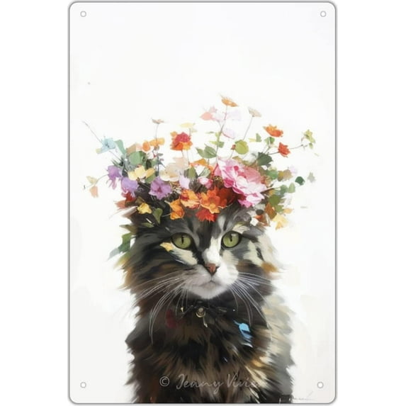 Floral Cat Decor, Farmhouse Painting Poster, Cat Wall Decor Gifts for Kitten Lovers, Cat with Floral Crown Painting Metal Sign, Nursery Decor, Funny Cat Bathroom Signs 12x8 Inches