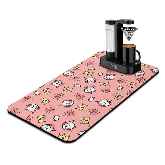 Floral Cat Design Coffee Bar Mat - Cats and Flowers Print Absorbent Non-Slip Mat for Coffee Machines