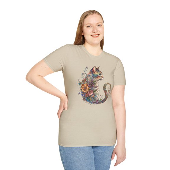 Floral Cat, Gildan Unisex Softstyle T-Shirt, Moon Cat Graphic Tee, S-3XL