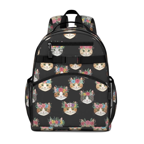 Floral Cat Head Black Pattern Backpack for School, Cute School Bag with Adjustable Shoulder Straps and Padded Back, 15.25"x11.5"x5.25"