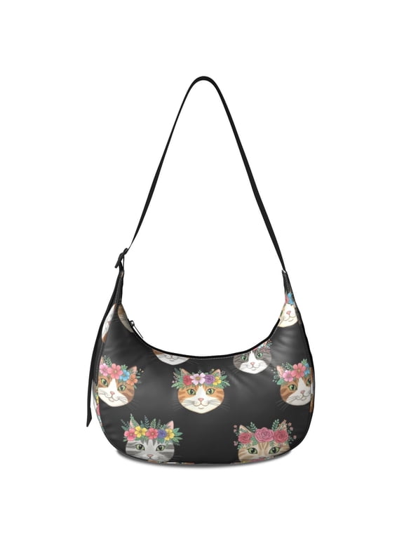 Floral Cat Head Black Pattern Hobo Shoulder Bag, Daily Shoulder Handbag with Adjustable Strap, Sturdy Stitching Gift Ideas for Women Girls