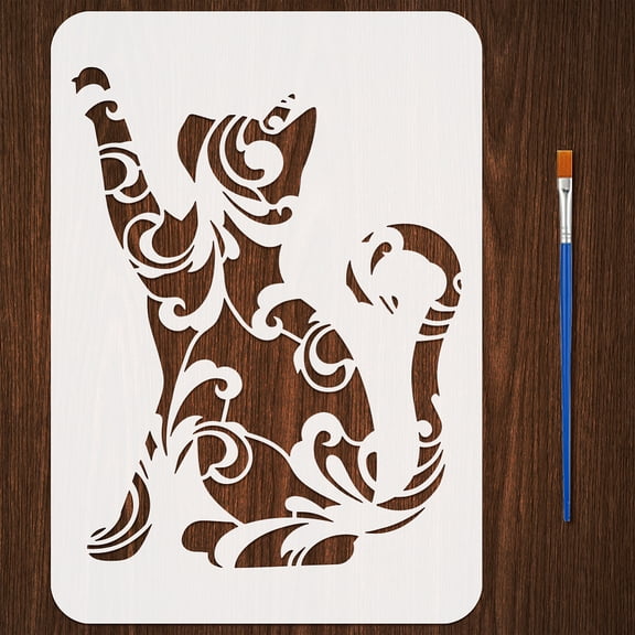 Floral Cat Pattern Painting Stencils with Brush 8.3x11.7inch Plastic PET Plant Brocade Cat Pattern Drawing Template Hollowed Animal Theme Stencil