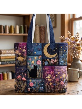 Floral Cat Quilted Tote Bag, Night Cat Art Tote, Handmade Patchwork Fabric Shoulder Bag