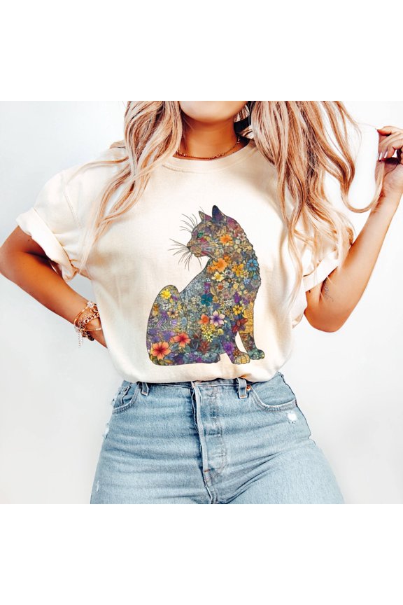 Floral Cat Shirt Boho Style Flower Pattern Cat Tee