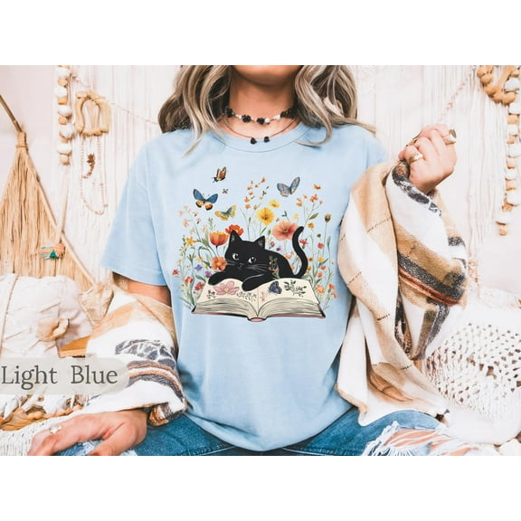 Floral Cat Shirt, Cat Lover T-shirt, Cat Book Shirt, Cat Lover Gift, Gift for Her, Cat Mom Shirt Gift, Cute Cat Shirts, Cute Book Cat Tshirt
