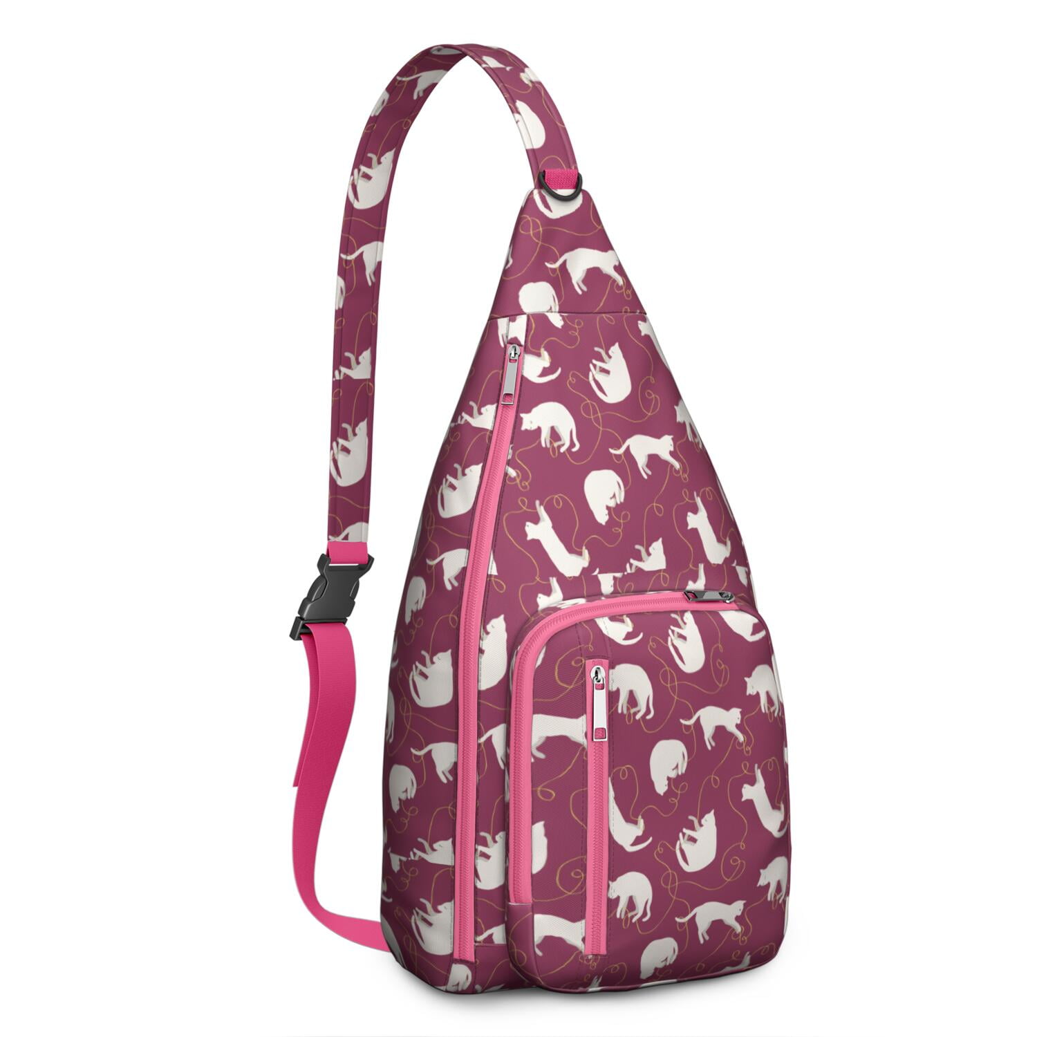 Floral Cat Shoulder Bag - Hand-drawn Cat Graphic Sling Backpack (Lightweight & Breathable, Organized Storage)