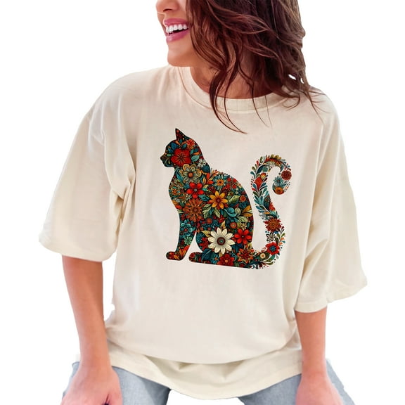 Floral Cat Silhouette T-Shirt, Colorful Flower Design Kitty Tee, Unique Artistic Cat Lover Gift, Vibrant Cat Graphic Shirt, Ivory Comfort Colors T-Shirt, Medium