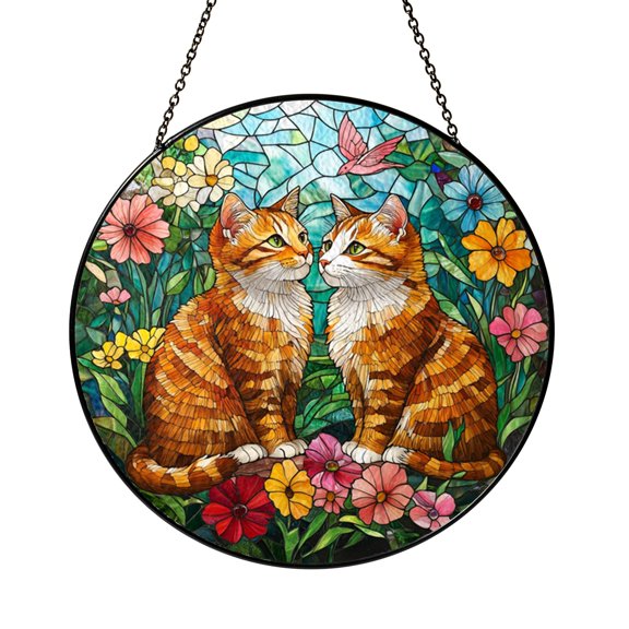Floral Cat Stained Glass Suncatcher, Round Window Hanging with Garden Nature Art