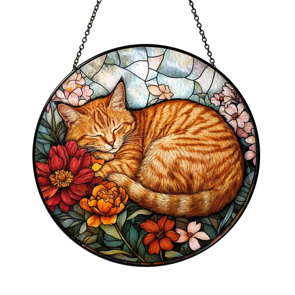 Floral Cat Stained Glass Window Panel Resting Scene Hanging Soft Home Decor