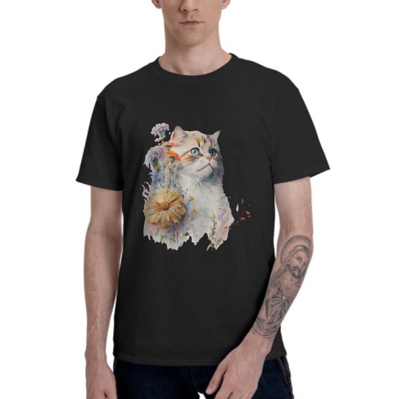 Floral Cat T-Shirt for Men Cotton 100% Summer Tops Women Fashion Casual Short Sleeves Round Collar Short-Sleeve Couple Top Tees