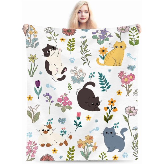 Floral Cat Throw Blanket, Soft Cozy Flannel, Gift for Cat Lovers