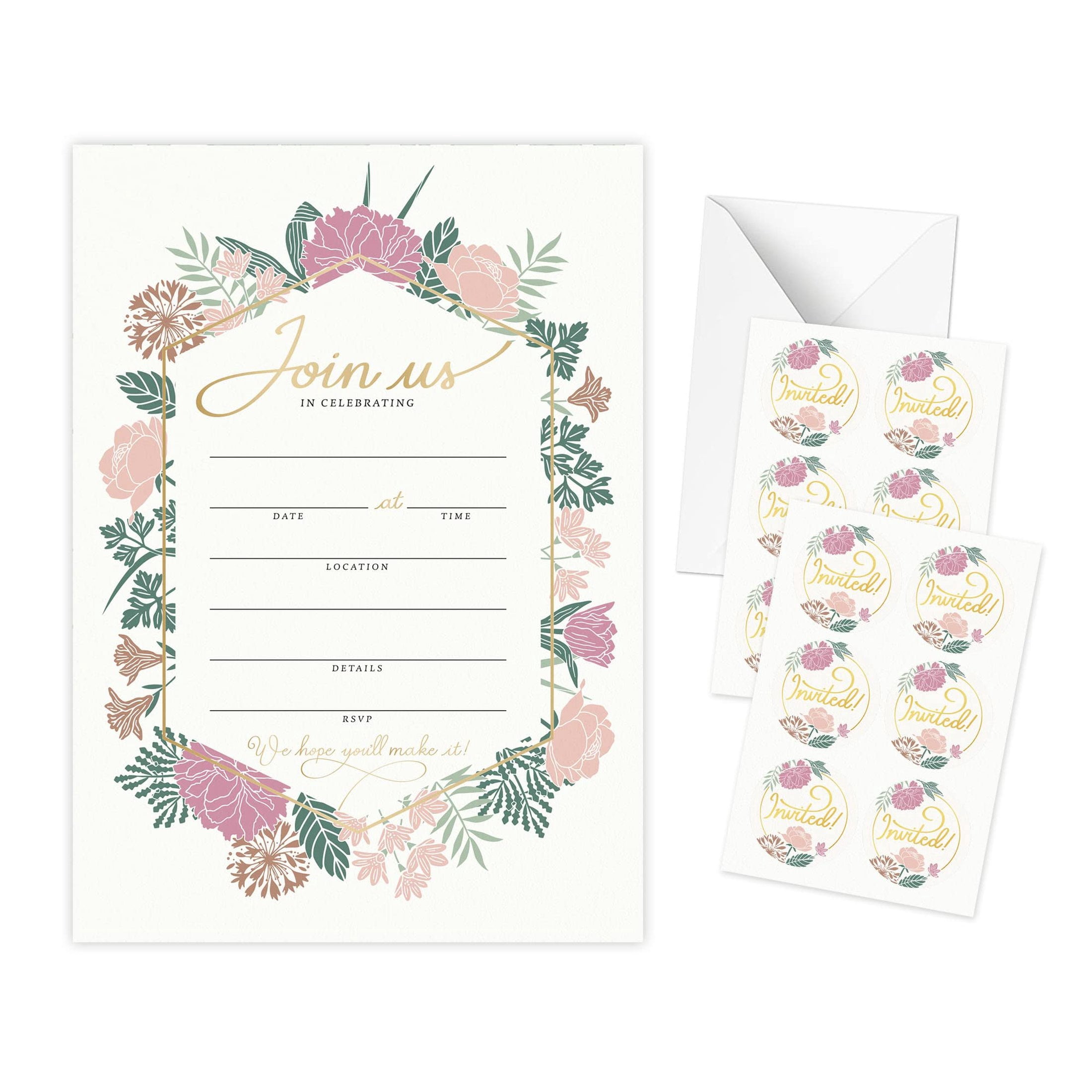 Floral Celebration Invitation Set with Envelopes and Bonus Stickers, 50 ...