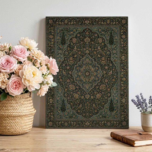 Floral Central Medallion Canvas Wall Art for Living Room, Vintage Brown Leaf Vines Border Frames Poster Print Painting for Bedroom Office Home Decoration Wall Pictures Prepare To Hang 12"x18"