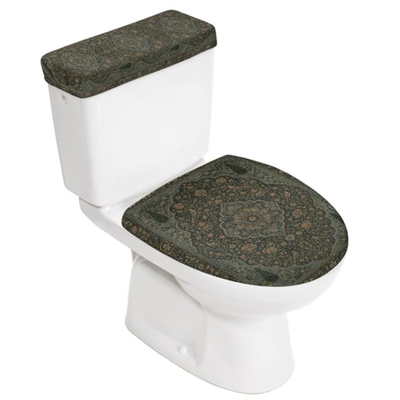 Floral Central Medallion Stretch Toilet Lid Cover and Toilet Tank Cover Set, Vintage Brown Leaf Vines Border Frames 2 Pack Elastic Bottom Bathroom Decor Toilets Covers, Machine Washable