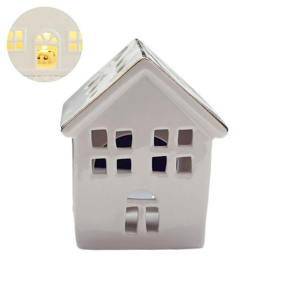 Floral Ceramic Christmas Village House Tealight Holder, LED Lighted Meadow House Candle Decor for Holiday Table Centerpiece, White Winter Miniature Home