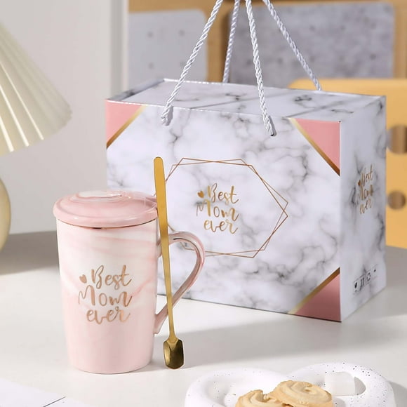Floral Ceramic Coffee Mug with Lid & Spoon - Mother's Day Gift for Mom, Pink/Gray Insulated Tea Cup, Keepsake for Home & Office Use