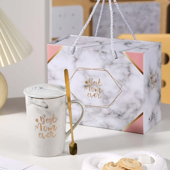 Floral Ceramic Coffee Mug with Lid & Spoon - Mother's Day Gift for Mom, Pink/Gray Insulated Tea Cup, Keepsake for Home & Office Use