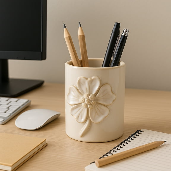 Floral Ceramic Desk Organizer for Workspace Decor - Unique Desktop Storage and Office Storage Accessory - Small Desk Cup Holder Complements Bedroom, Kitchen, Bathroom, or Home Decor - 4", Ivory