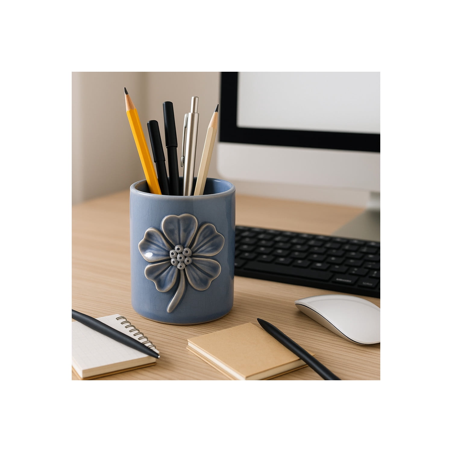 Floral Ceramic Desk Organizer for Workspace Decor - Unique Desktop Storage and Office Storage Accessory - Small Desk Cup Holder Complements Bedroom, Kitchen, Bathroom, or Home Decor - 4", Blue
