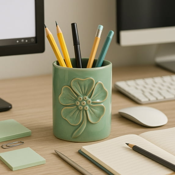 Floral Ceramic Desk Organizer for Workspace Decor - Unique Desktop Storage and Office Storage Accessory - Small Desk Cup Holder Complements Bedroom, Kitchen, Bathroom, or Home Decor - 4", Green