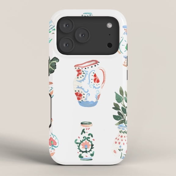 Floral Ceramic Vase Motif Tough Case for Apple iPhone, Polycarbonate Shell with TPU Liner