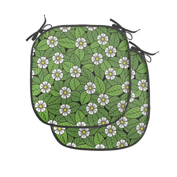 Floral Chair Seating Cushion Set of 2, Overview of Blooming White Flowers and Leaves, Seat Pads for Office with Anti-slip Backing, 16"x16", Fern Green White, by Ambesonne